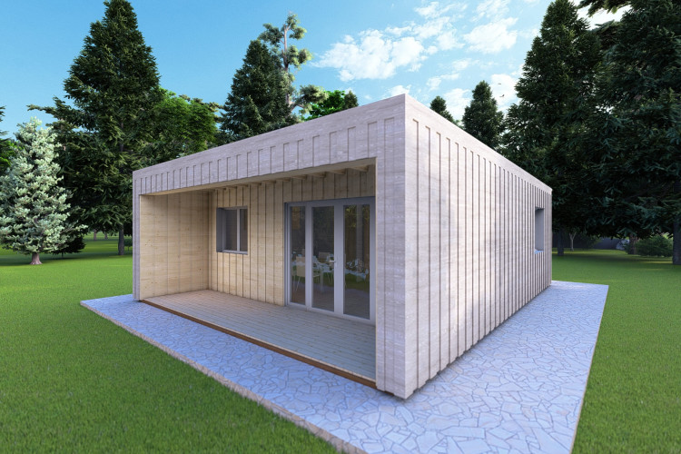 Bungalow di legno VISION 2 CUBE "C" con patio 7x8 44/100/30/40 mm, fronte lato destro modello grigio legno