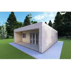 Bungalow di legno VISION 2 CUBE "C" con patio 7x8 44/100/30/40 mm, fronte lato destro modello grigio legno