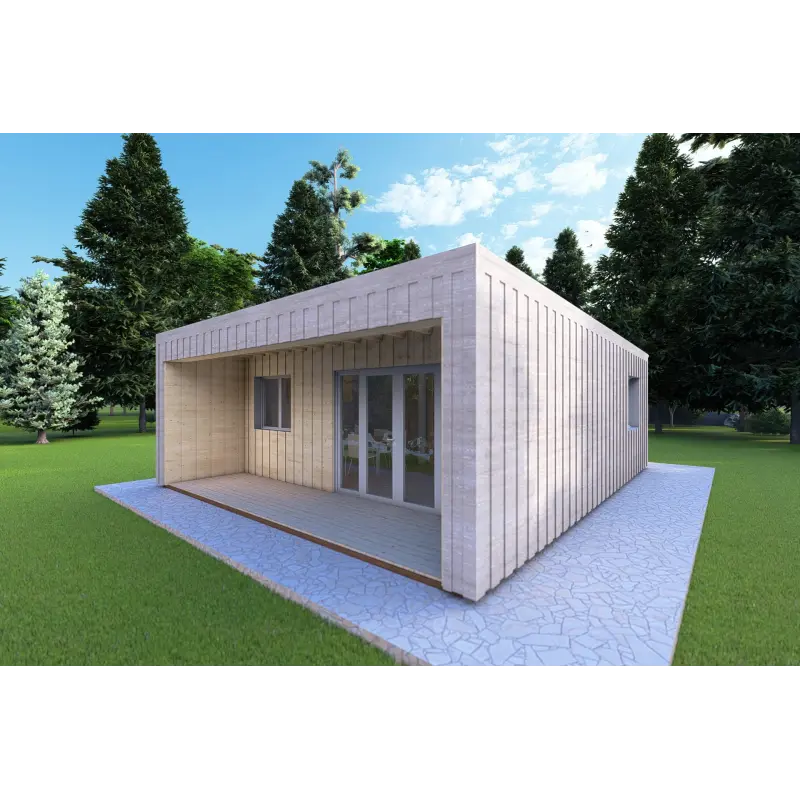 Bungalow di legno VISION 2 CUBE "C" con patio 7x8 44/100/30/40 mm, fronte lato destro modello grigio legno