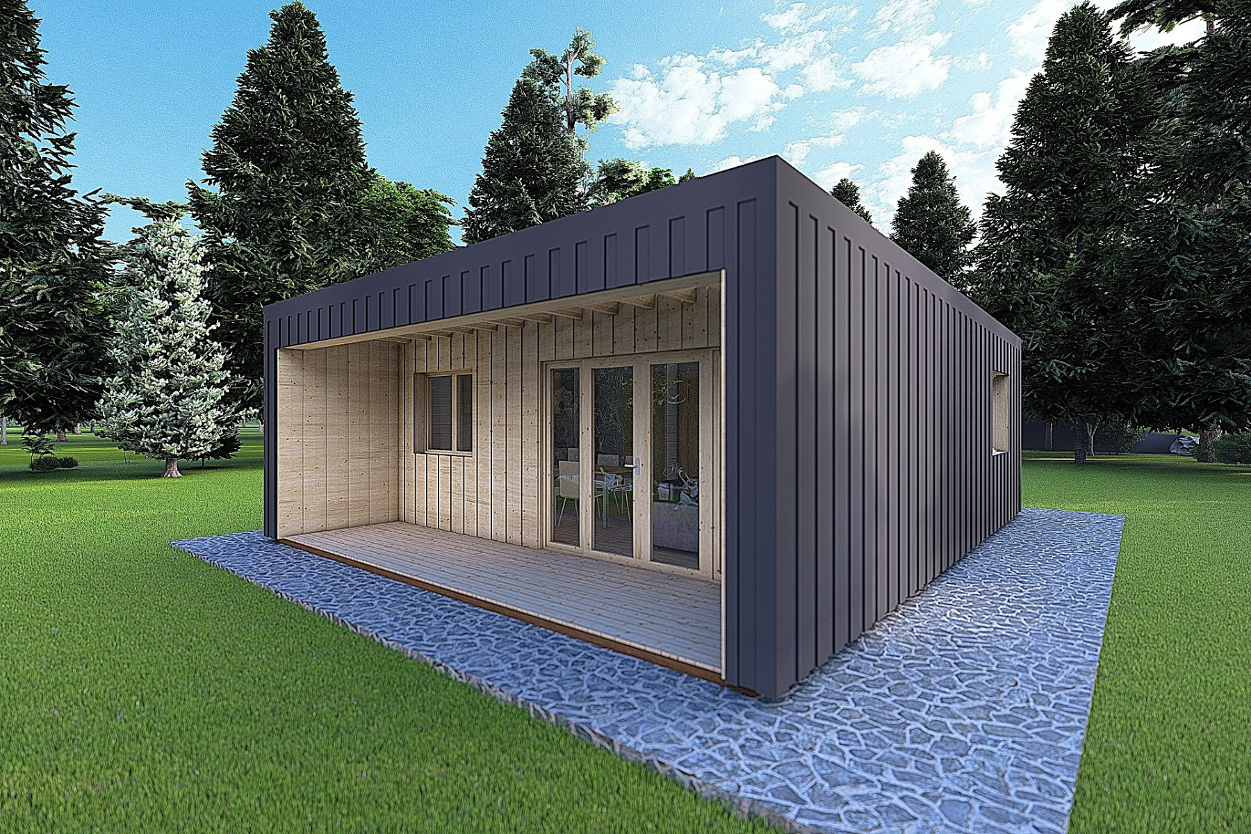 Bungalow di legno VISION 2 CUBE "C" con patio 7x8 44/100/30/40 mm, fronte lato destro modello antracite