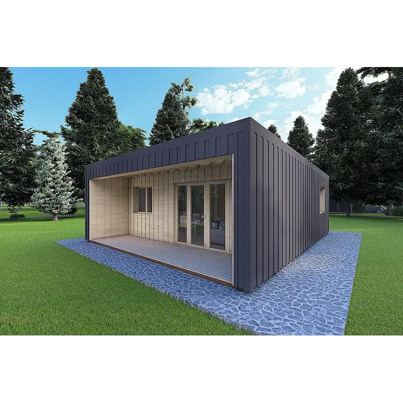 Bungalow di legno VISION 2 CUBE "C" con patio 7x8 44/100/30/40 mm, fronte lato destro modello antracite