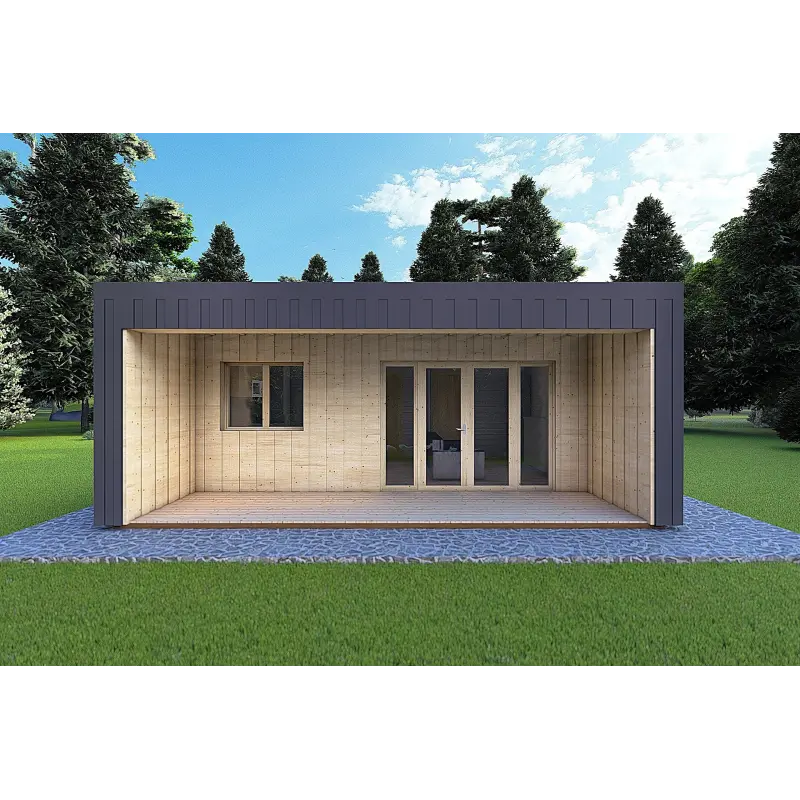 Bungalow di legno VISION 2 CUBE "C" con patio 7x8 44/100/30/40 mm, vista frontale modello antracite