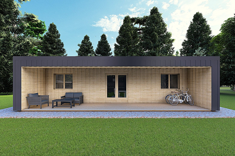 Bungalow in legno VISION 3 con patio 10x6 60/100/30/40 mm, vista frontale color antracite
