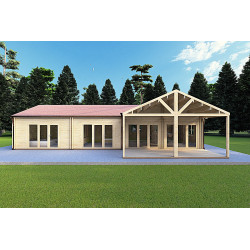 Casa coibentata un piano AGNESE 14.7x6.2 con tettoia 44/100/44 mm, vista frontale