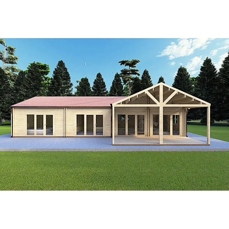 Casa coibentata un piano AGNESE 14.7x6.2 con tettoia 44/100/44 mm, vista frontale