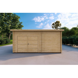 Garage in legno con portico e ripostiglio 5.2x5.7 44mm, vista frontale