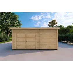 Garage in legno con portico e ripostiglio 5.2x5.7 44mm, vista frontale