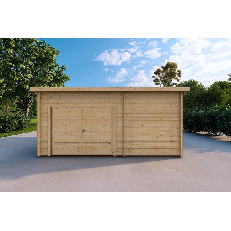 Garage in legno con portico e ripostiglio 5.2x5.7 44mm, vista frontale