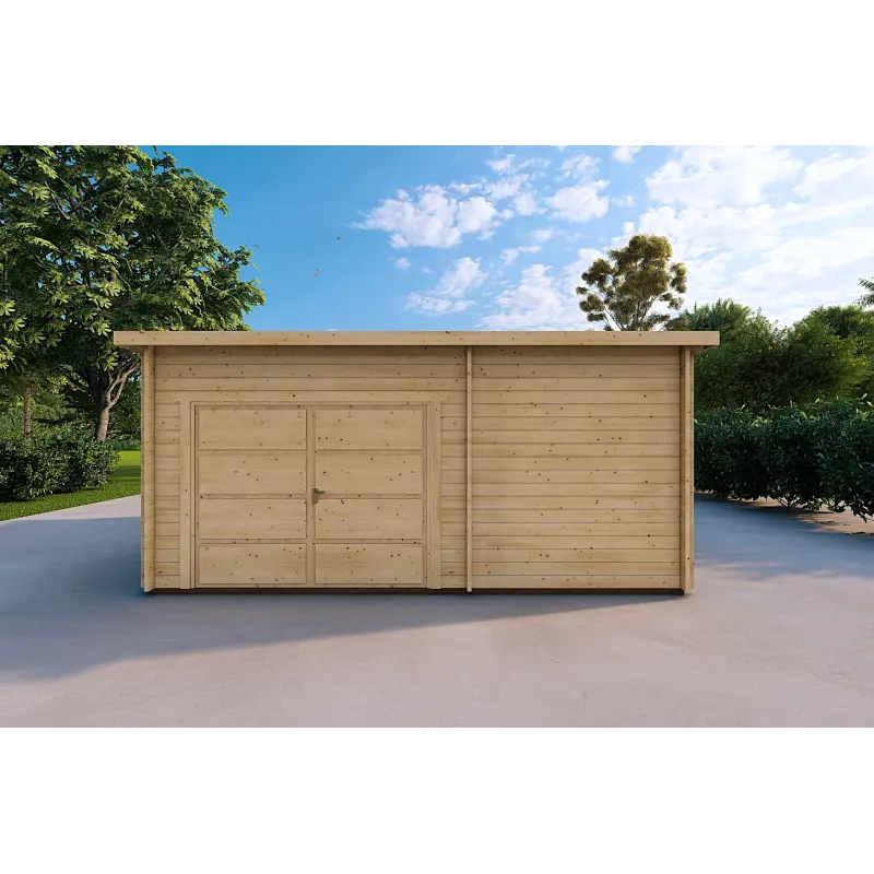 Garage in legno con portico e ripostiglio 5.2x5.7 44mm, vista frontale