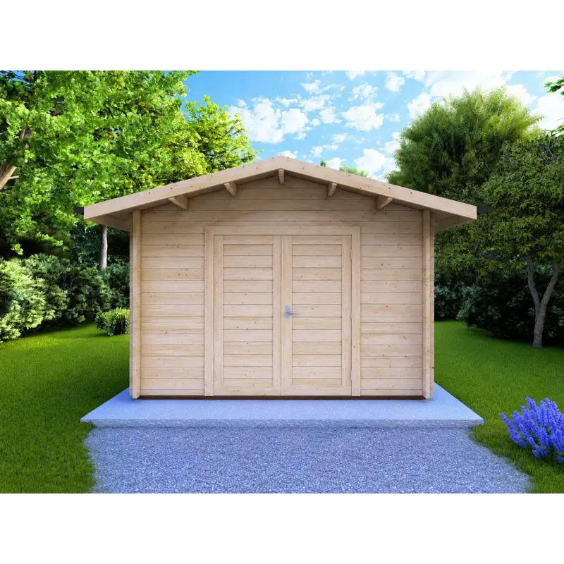 Casetta da giardino in pronta consegna 4x3, 44mm, vista frontale