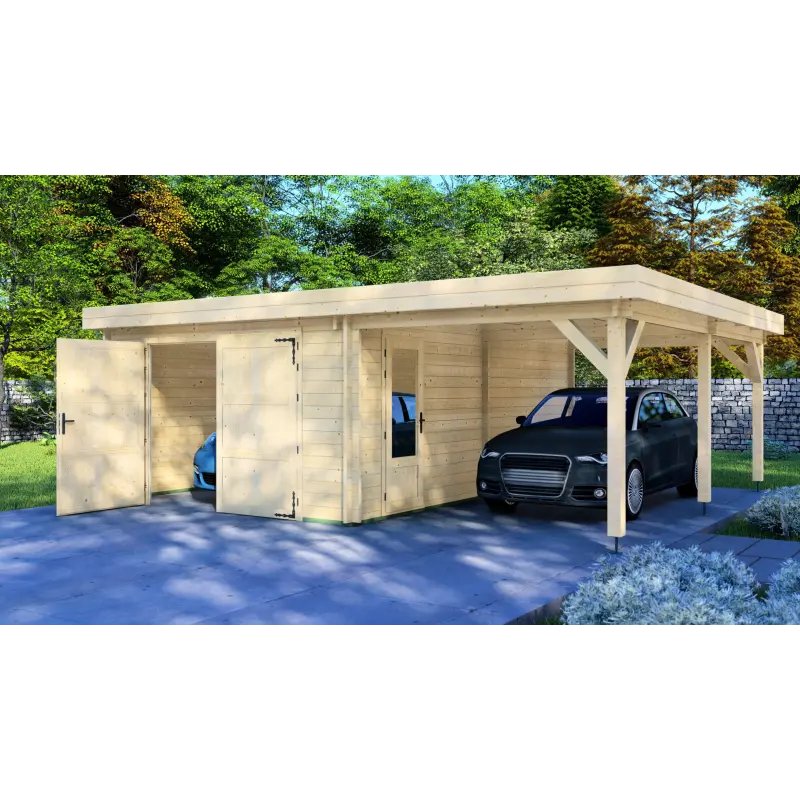 Garage in legno con tettoia 7x6, 44mm, fronte lato destro