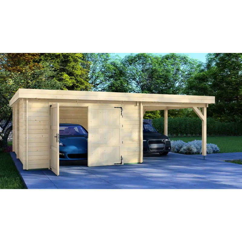Garage in legno con tettoia 7x6, 44mm, lato sinistro