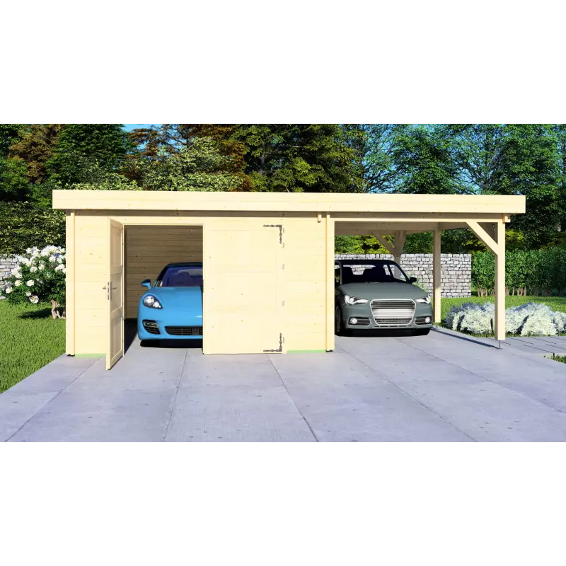 Garage in legno con tettoia 7x6, 44mm, vista frontale