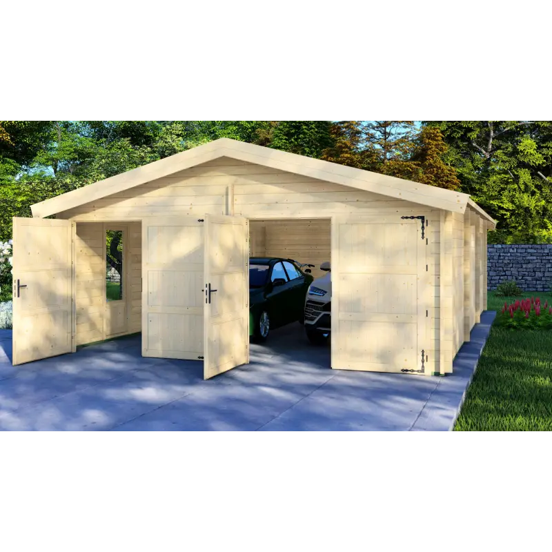 Garage in legno doppio 6x9, 44mm, vista frontale