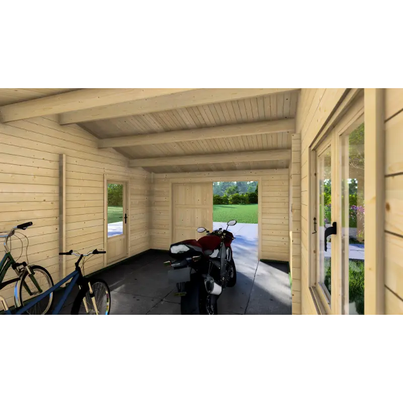Garage di legno con tettoia doppia 9.5x6, 44mm, interno