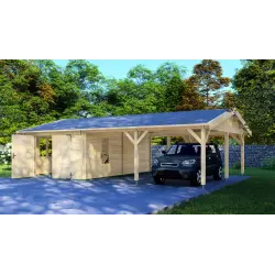Garage di legno con tettoia doppia 9.5x6, 44mm, fronte lato destro