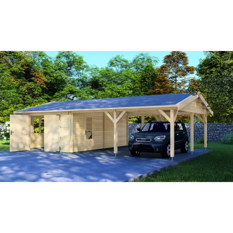 Garage di legno con tettoia doppia 9.5x6, 44mm, fronte lato destro