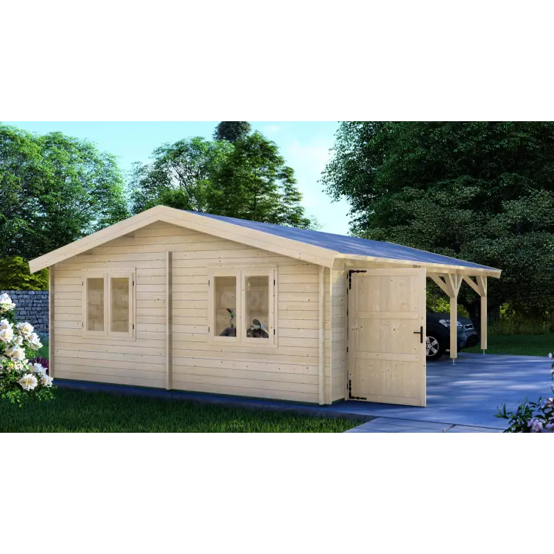 Garage di legno con tettoia doppia 9.5x6, 44mm, lato sinistro