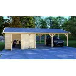 Garage di legno con tettoia doppia 9.5x6, 44mm, vista frontale