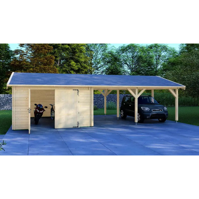 Garage di legno con tettoia doppia 9.5x6, 44mm, vista frontale