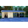 Garage di legno con tettoia doppia 9.5x6, 44mm, vista frontale