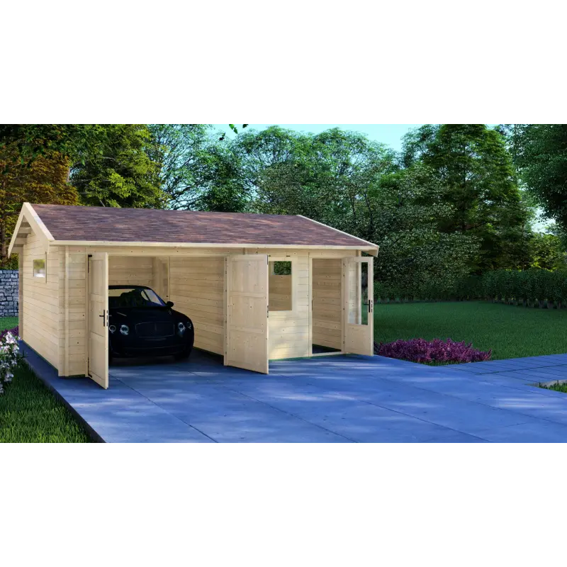 Garage in legno con ripostiglio 6x6, 44mm, vista frontale