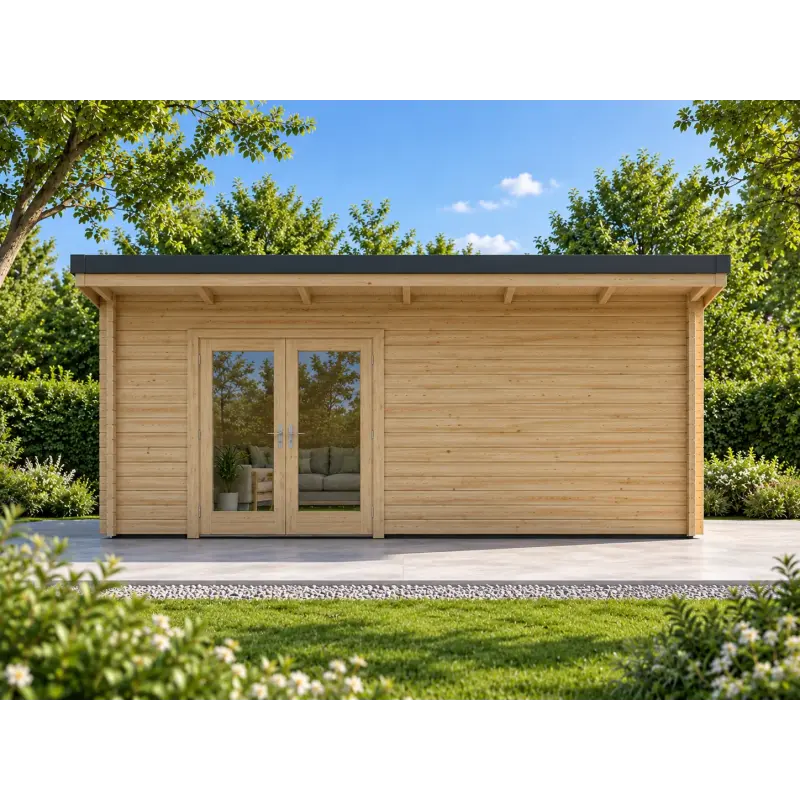 Casa in legno da giardino in pronta consegna 5x5, 44mm, vista frontale