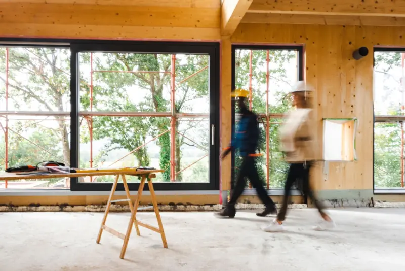 Immagine dei lavori in una struttura in legno Caleba, con indicazione del metodo CalSYS, che garantisce certezza in ogni fase dell'acquisto e della realizzazione.