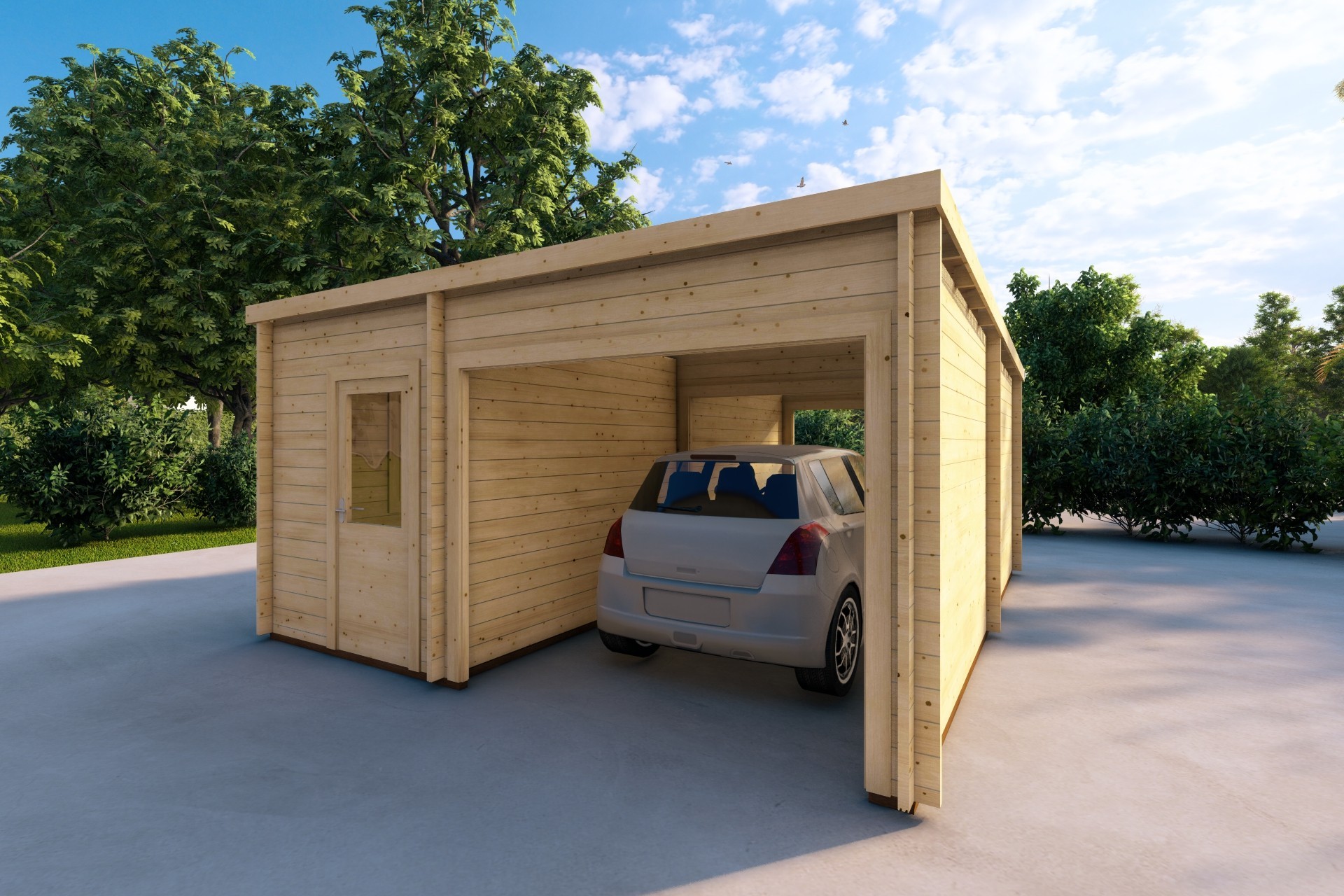 Immagine di una struttura in legno Caleba, specificatamente un garage in legno massello, con la presenza anche di un ripostiglio. 