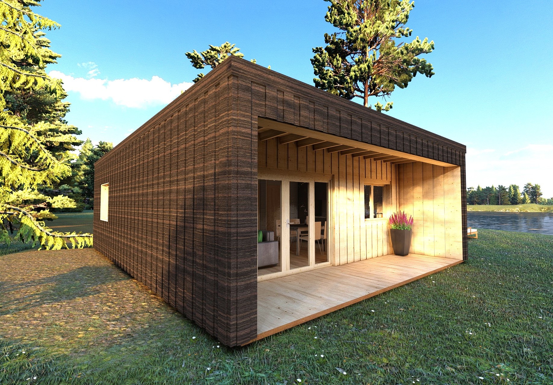 Immagine del bungalow ecosostenibile VISION di Caleba, la struttura in legno che garantisce comfort esclusivo e insieme etica ambientale.