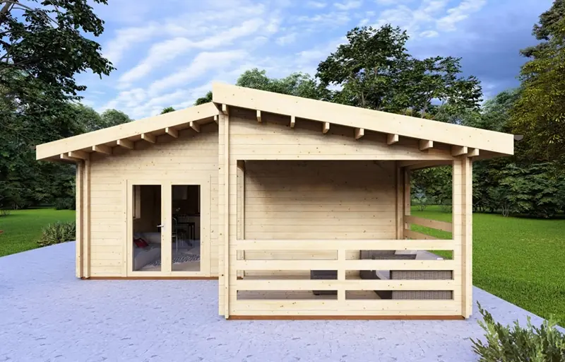 Esempio di casa mobile in legno massello Caleba, modello Bianca 42 mq, di facile installazione e bassi costi di manutenzione.