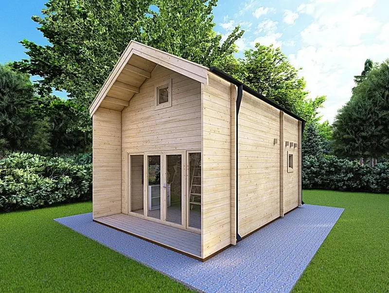 Immagine della casa mobile in legno massello Elodie 4x6, un alloggio unico e originale pensato per offrire una soluzione premium.