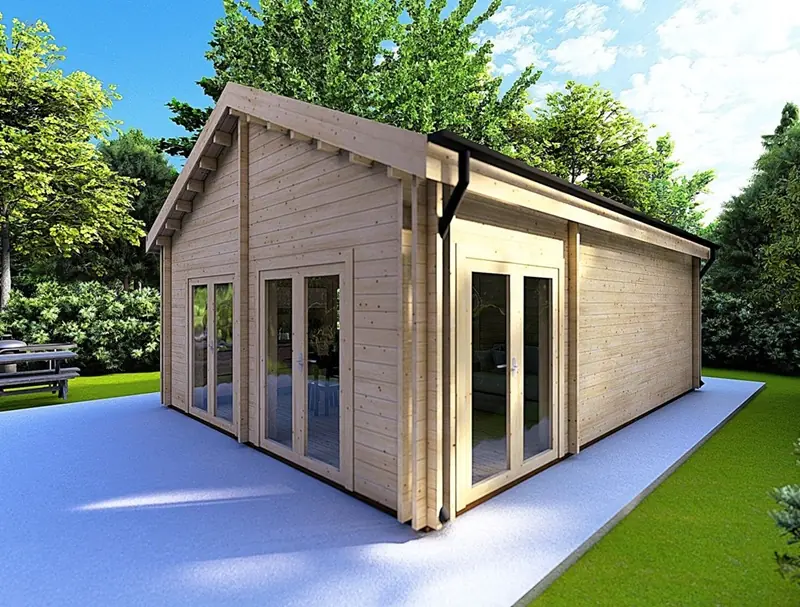 Immagine della casa mobile in legno Silvia, con coibentazione ecologica in lana di roccia o fibra di legno.