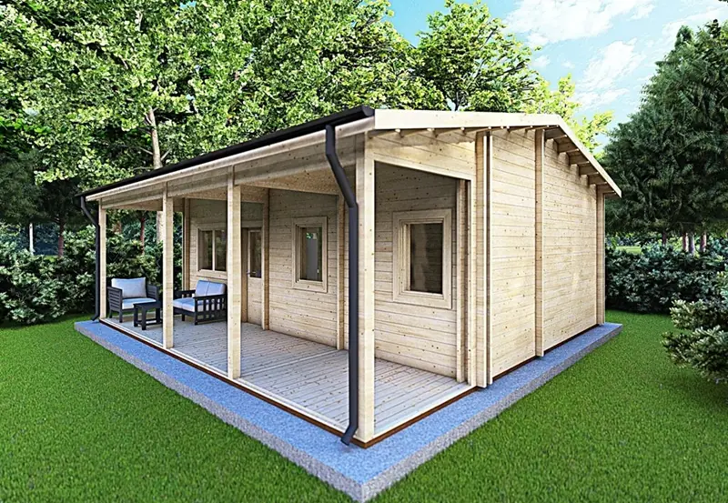 Immagine della casa mobile in legno massello modello Emma, con porticato in mezzo alla natura.