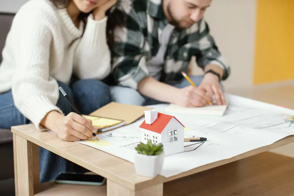 Immagine che rappresenta una coppia che progetta la sua nuova casa in legno abitabile, pronta per essere vissuta