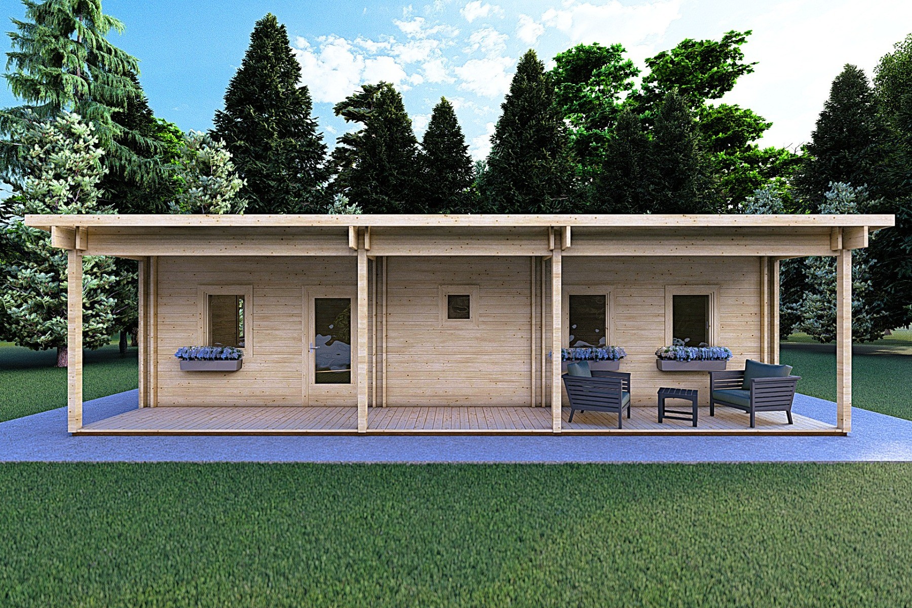 Immagine che rappresenta una seconda casa in legno, ecologica e naturale, dotata di portico.