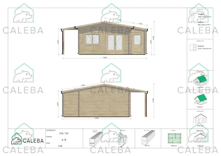 Casa in legno da giardino JASMINE 32 m², lati A/B