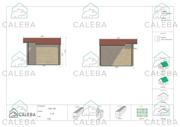 Casa in legno da giardino JASMINE 32 m², lati C/D