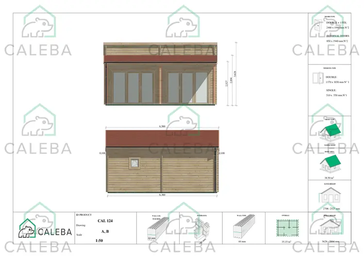 Casa di legno con patio GIANNA 35.10 m², lati A/B