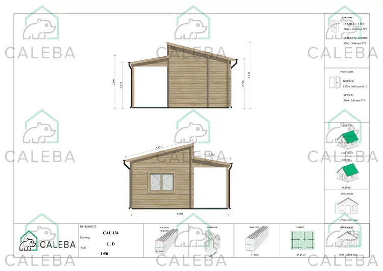 Casa di legno con patio GIANNA 35.10 m², lati C/D