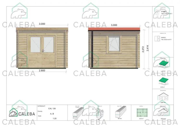 Casa in legno da giardino OLGA 6 m², lati A/B