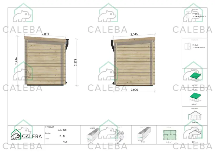 Casa in legno da giardino OLGA 6 m², lati C/D