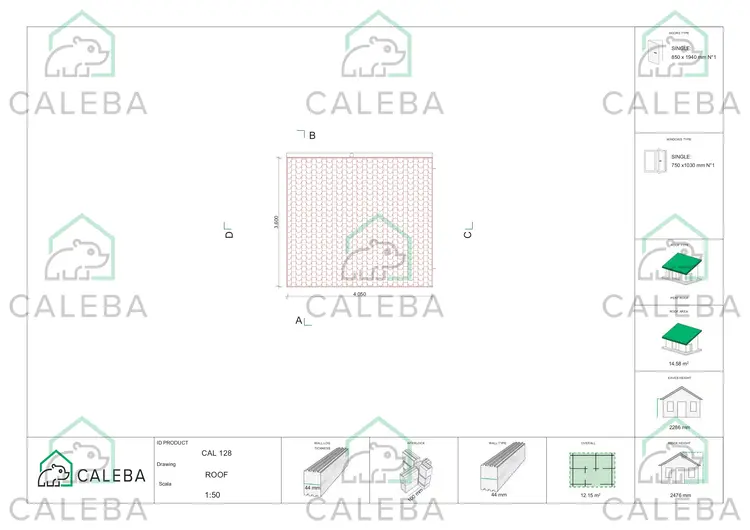 Casetta in legno AMARISSA con tettoia 12 m², pianta copertura