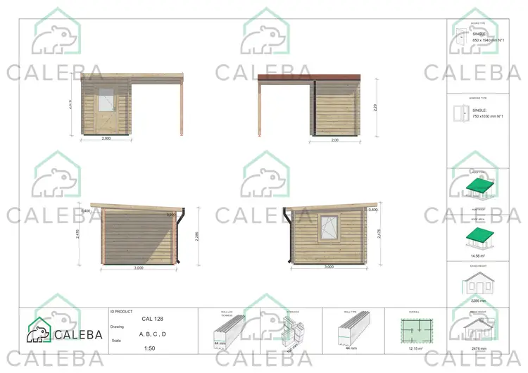 Casetta in legno AMARISSA con tettoia 12 m², lati A/B/C/D