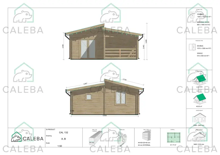 Casa coibentata in legno BIANCA 41.68 m², lati A/B