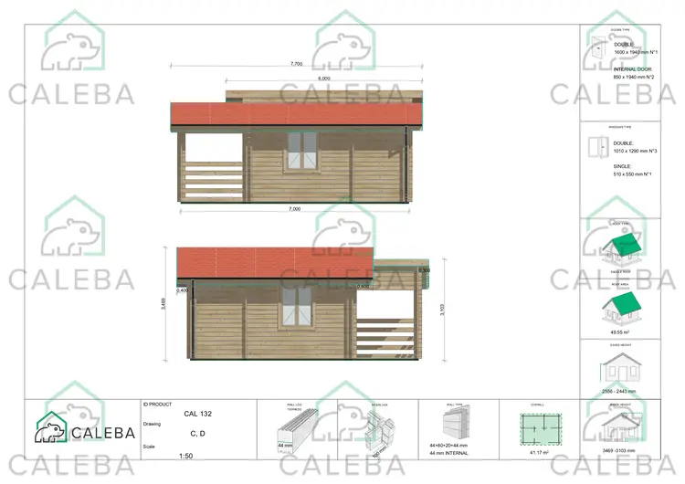 Casa coibentata in legno BIANCA 41.68 m², lati C/D