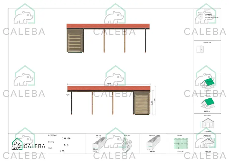 Tettoia con ripostiglio e legnaia 24.69 m², lati A/B
