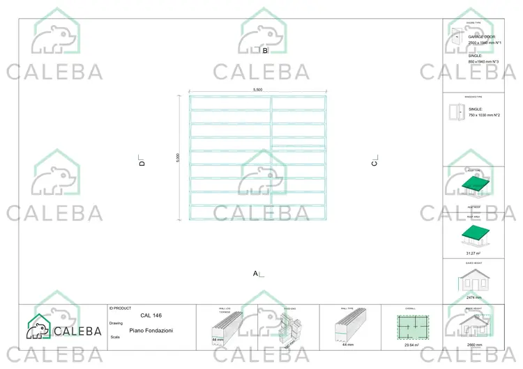 Garage di legno con portico e ripostiglio 29.64 m², piano fondazione