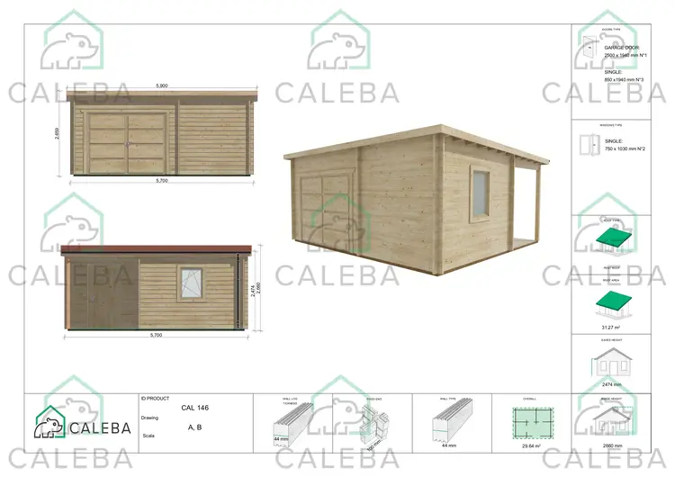 Garage di legno con portico e ripostiglio 29.64 m², lati A/B