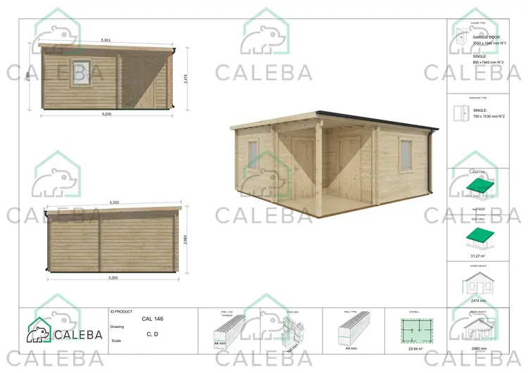 Garage di legno con portico e ripostiglio 29.64 m², lati C/D